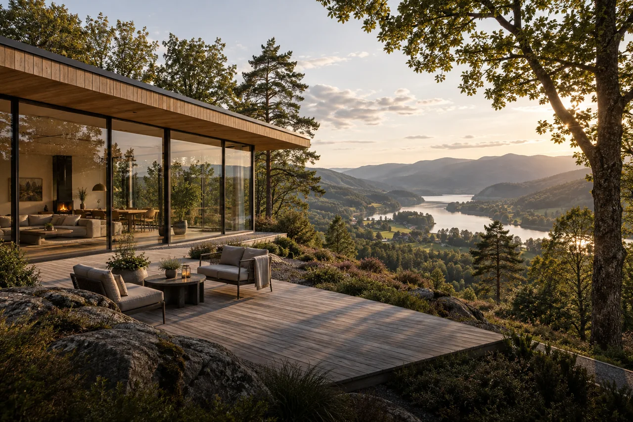 KI-generiertes Holzhaus mit Glasfront und Talblick