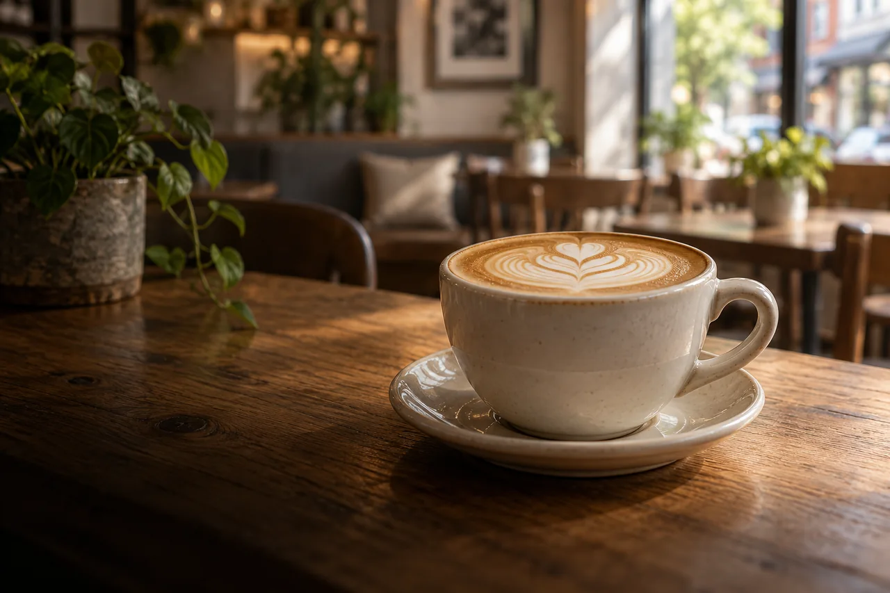 KI-generierter Cappuccino in einem gemütlichen Café