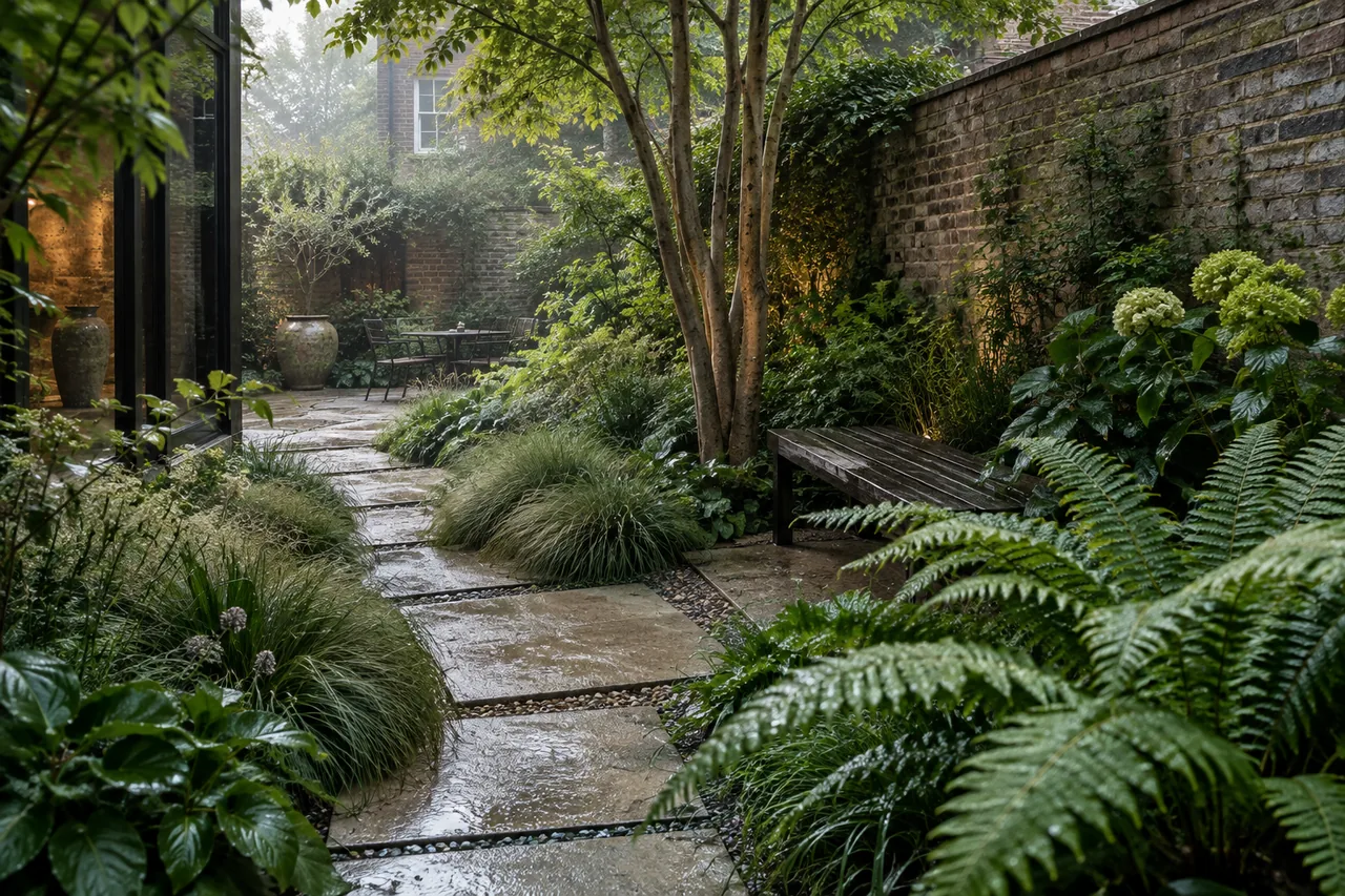 KI-generierter Garten mit Natursteinwegen